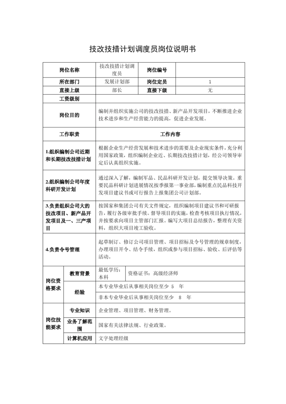 技改技措计划调度员岗位说明书_第1页