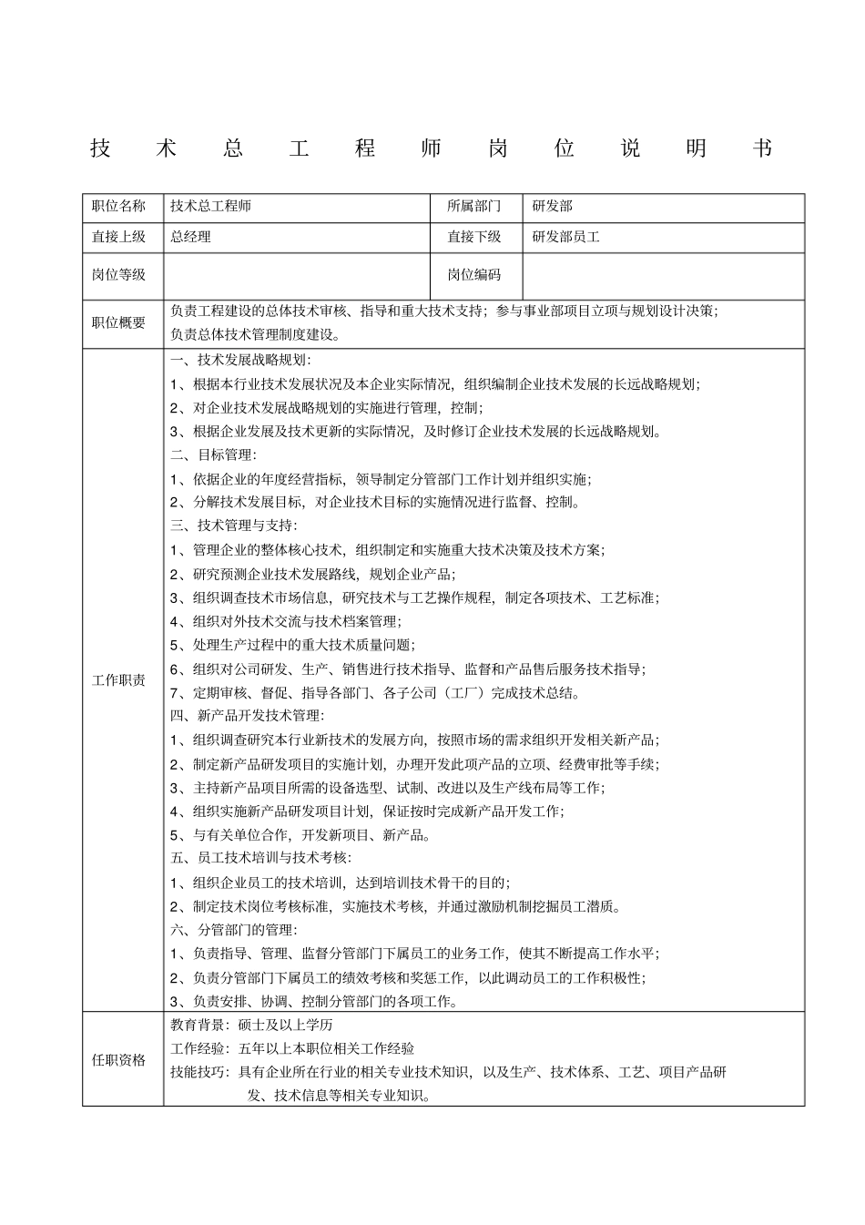 技术总工程师岗位说明书_第1页