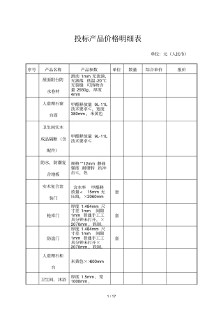 投标产品价格明细表