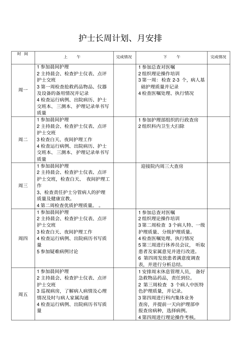 护士长周工作安排_第1页