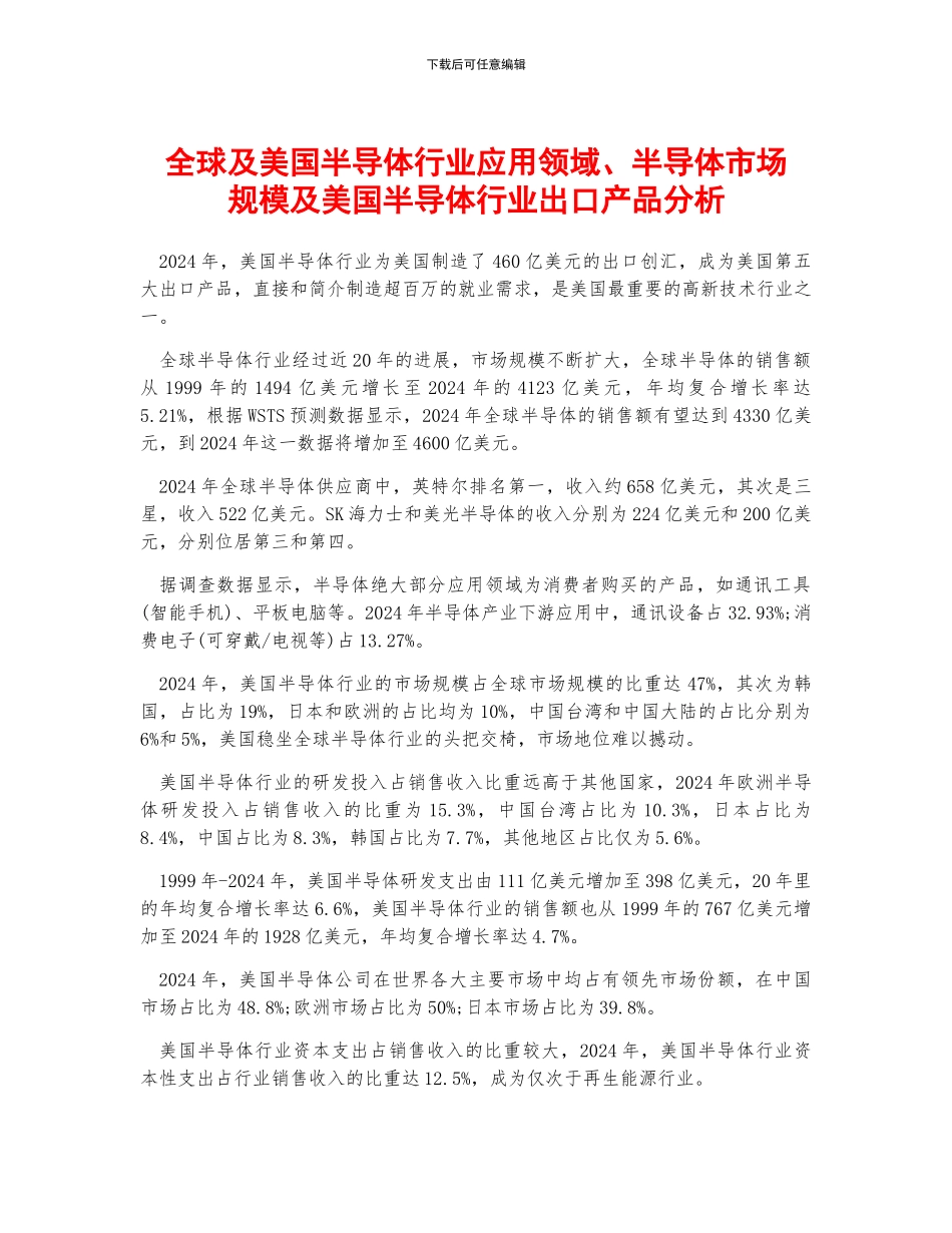 全球及美国半导体行业应用领域、半导体市场规模及美国半导体行业出口产品分析_第1页