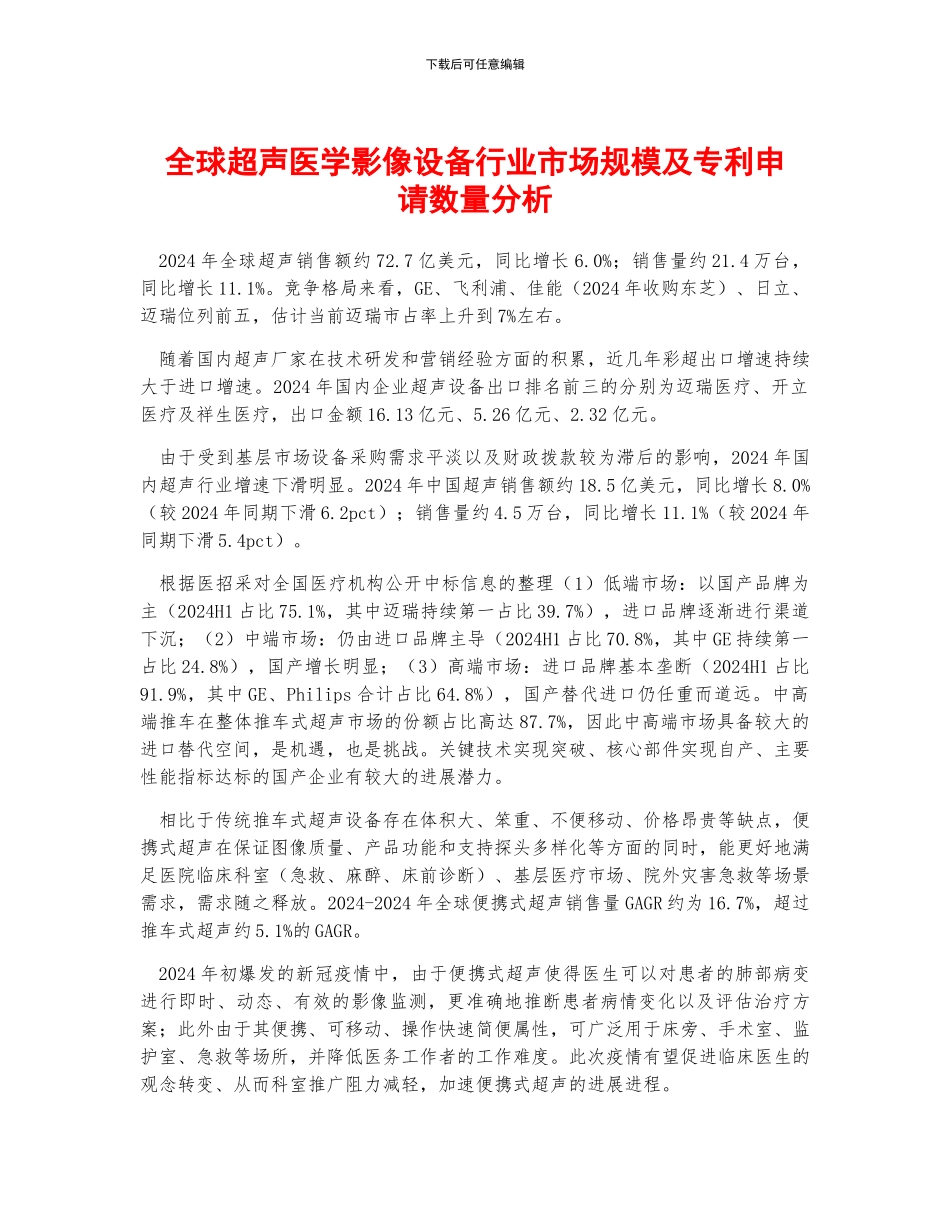 全球超声医学影像设备行业市场规模及专利申请数量分析_第1页