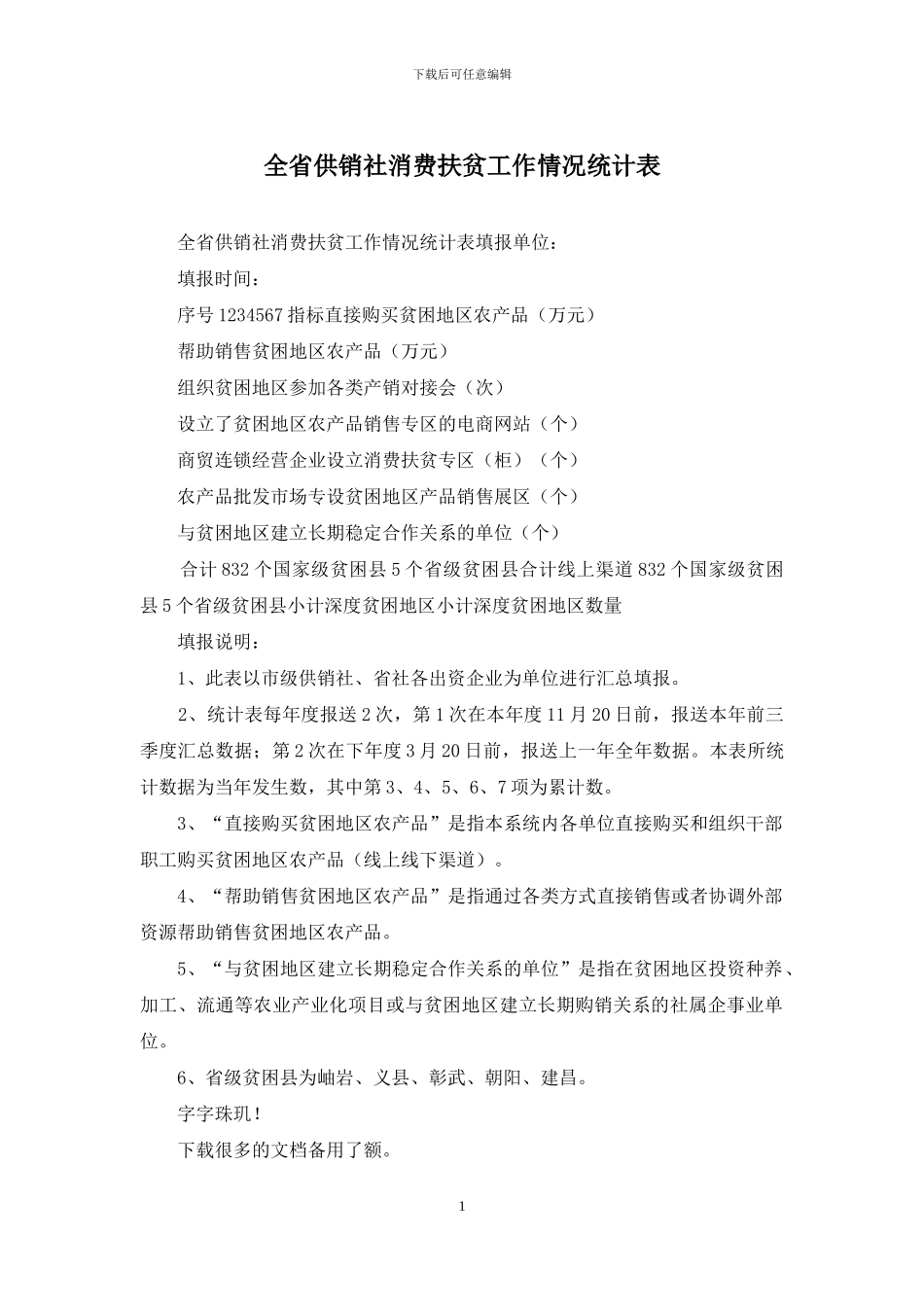 全省供销社消费扶贫工作情况统计表_第1页