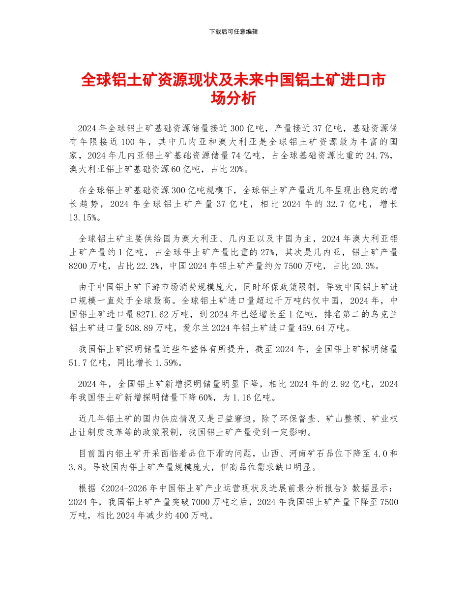 全球铝土矿资源现状及未来中国铝土矿进口市场分析_第1页
