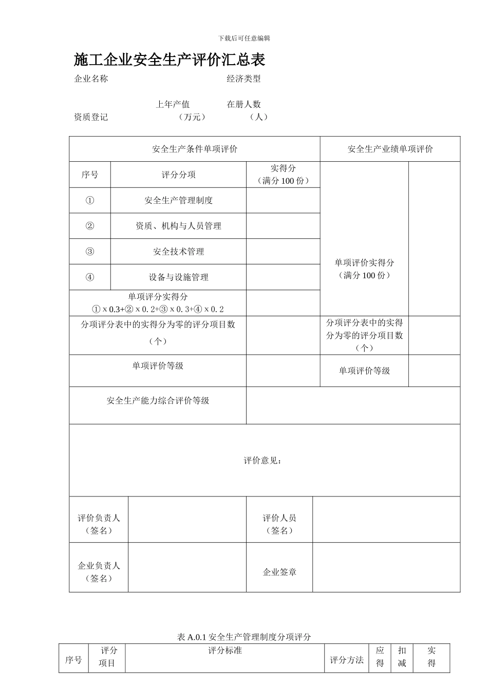 八、施工企业安全生产评价表_第1页