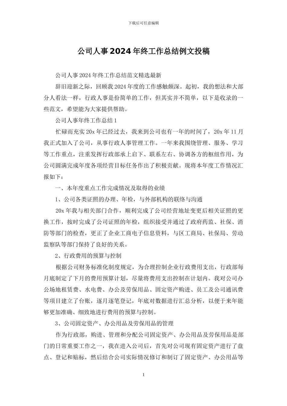 公司人事2024年终工作总结例文投稿_第1页