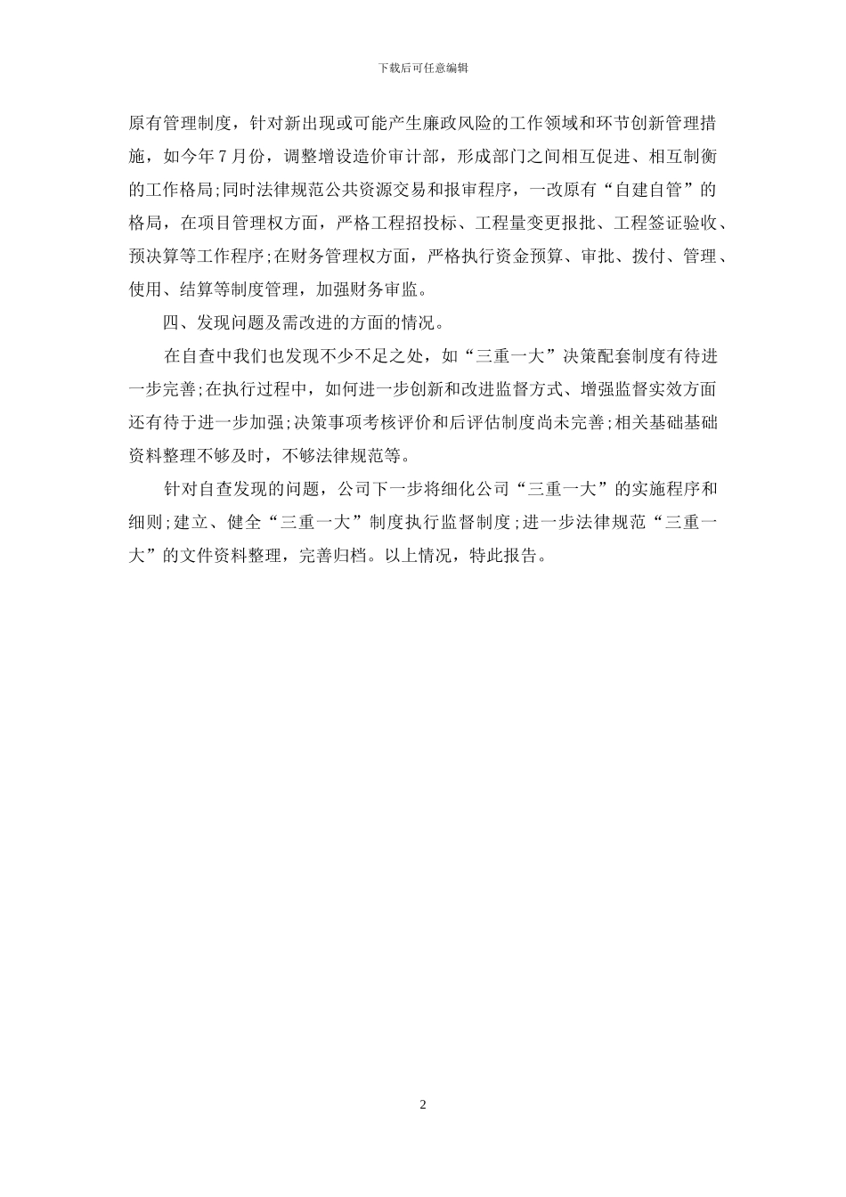 公司关于对三重一大等四方面的自查报告_第2页