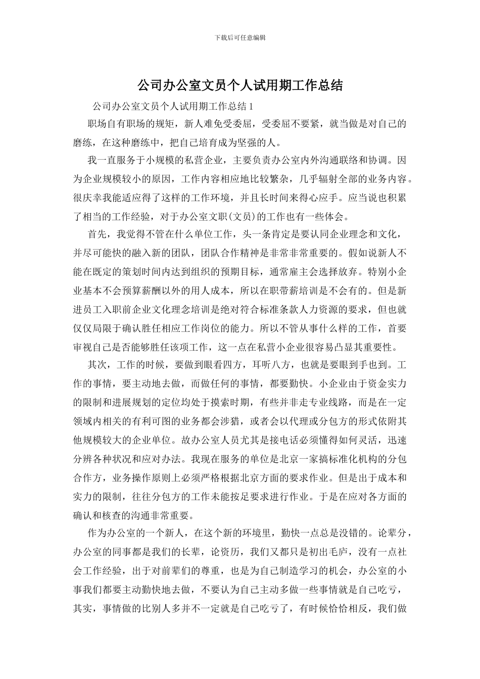 公司办公室文员个人试用期工作总结_第1页
