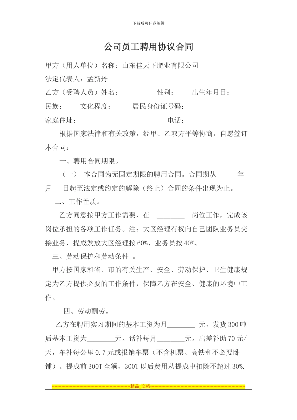 公司员工聘用协议合同大区经理_第1页