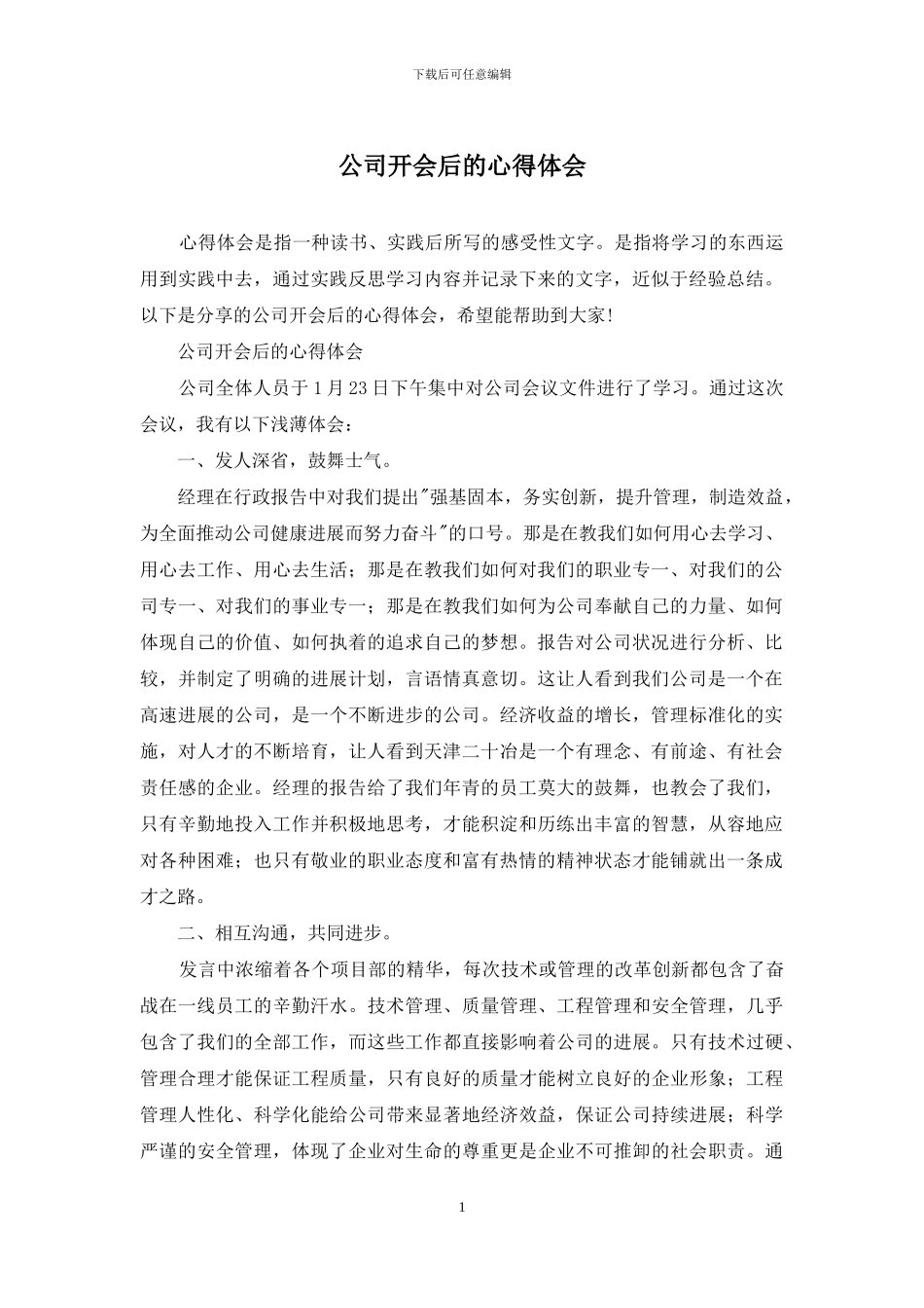 公司开会后的心得体会_第1页