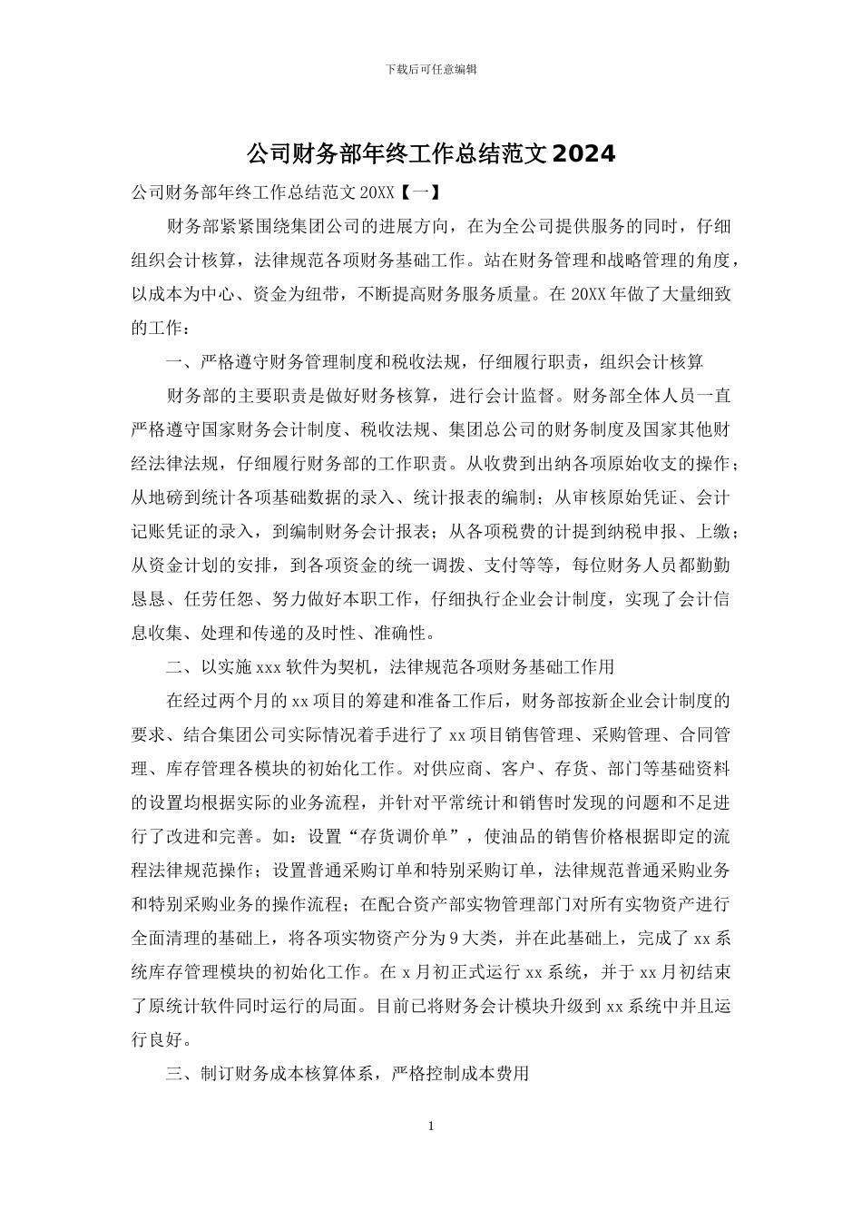 公司财务部年终工作总结范文2024_第1页