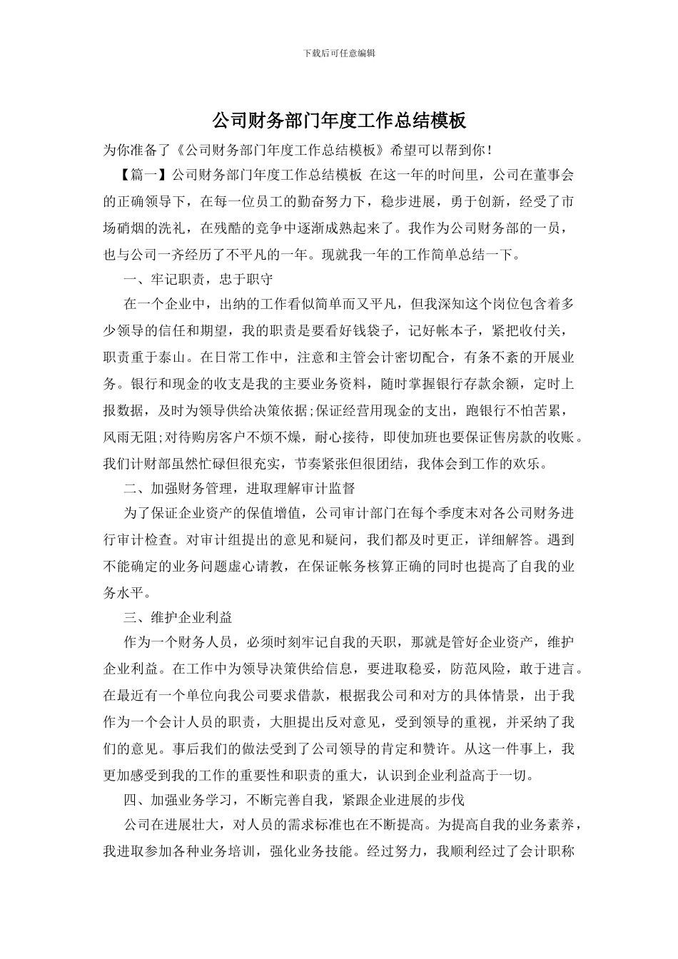 公司财务部门年度工作总结模板_第1页
