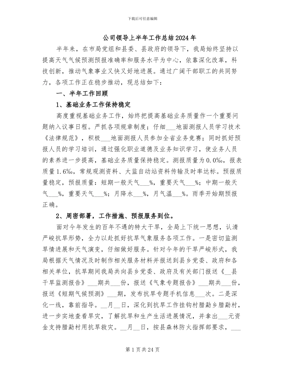 公司领导上半年工作总结2024年_第1页