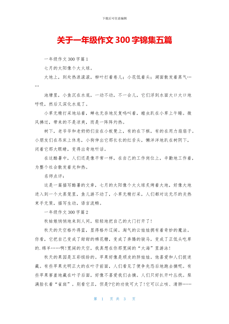 关于一年级作文300字锦集五篇_第1页