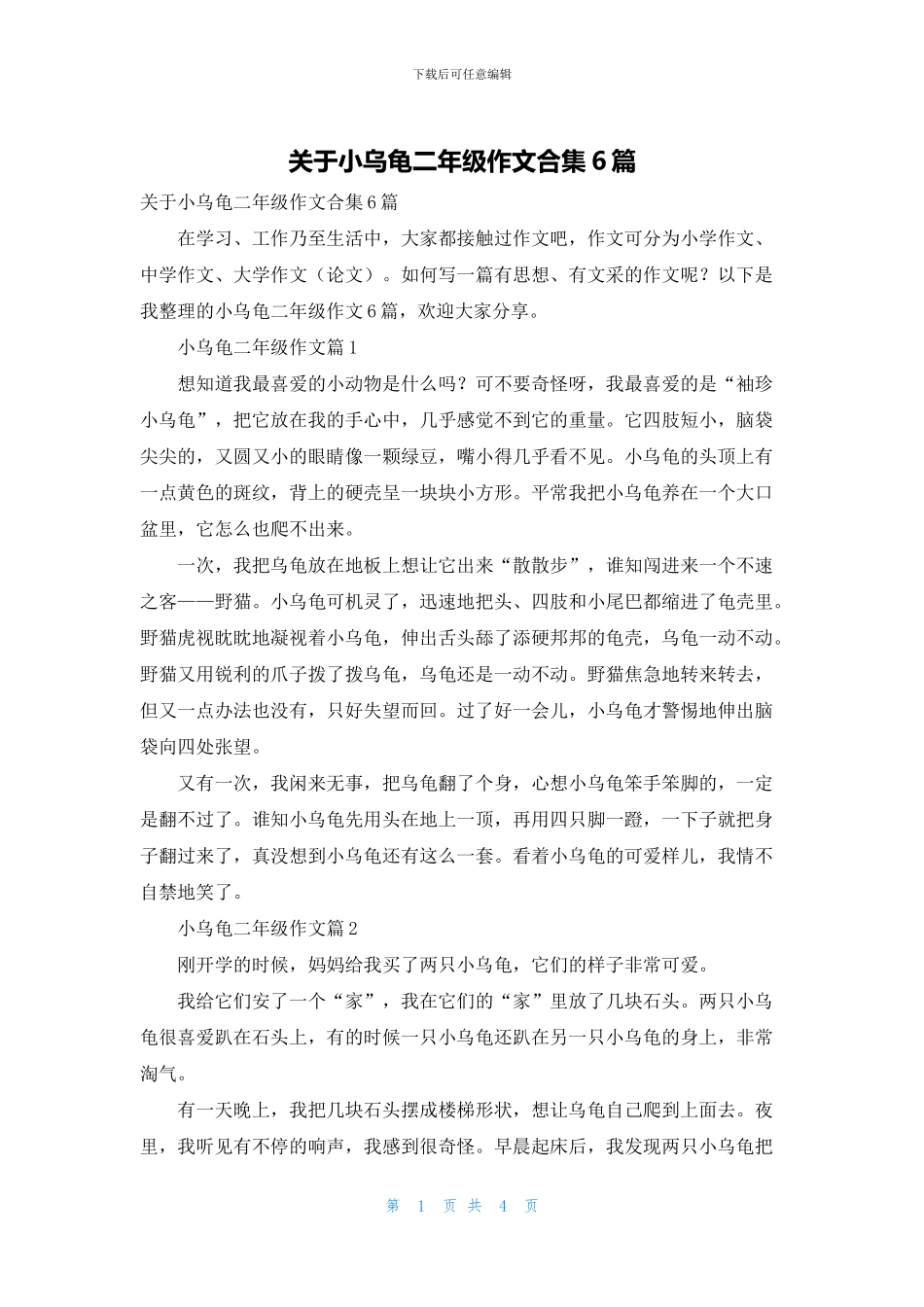 关于小乌龟二年级作文合集6篇_第1页