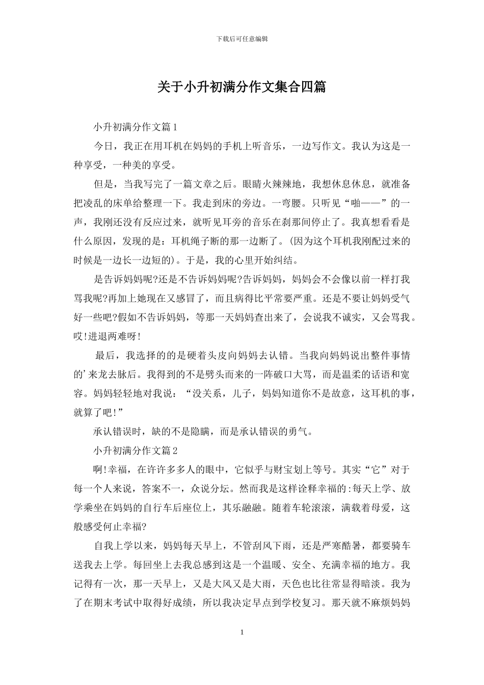 关于小升初满分作文集合四篇_第1页