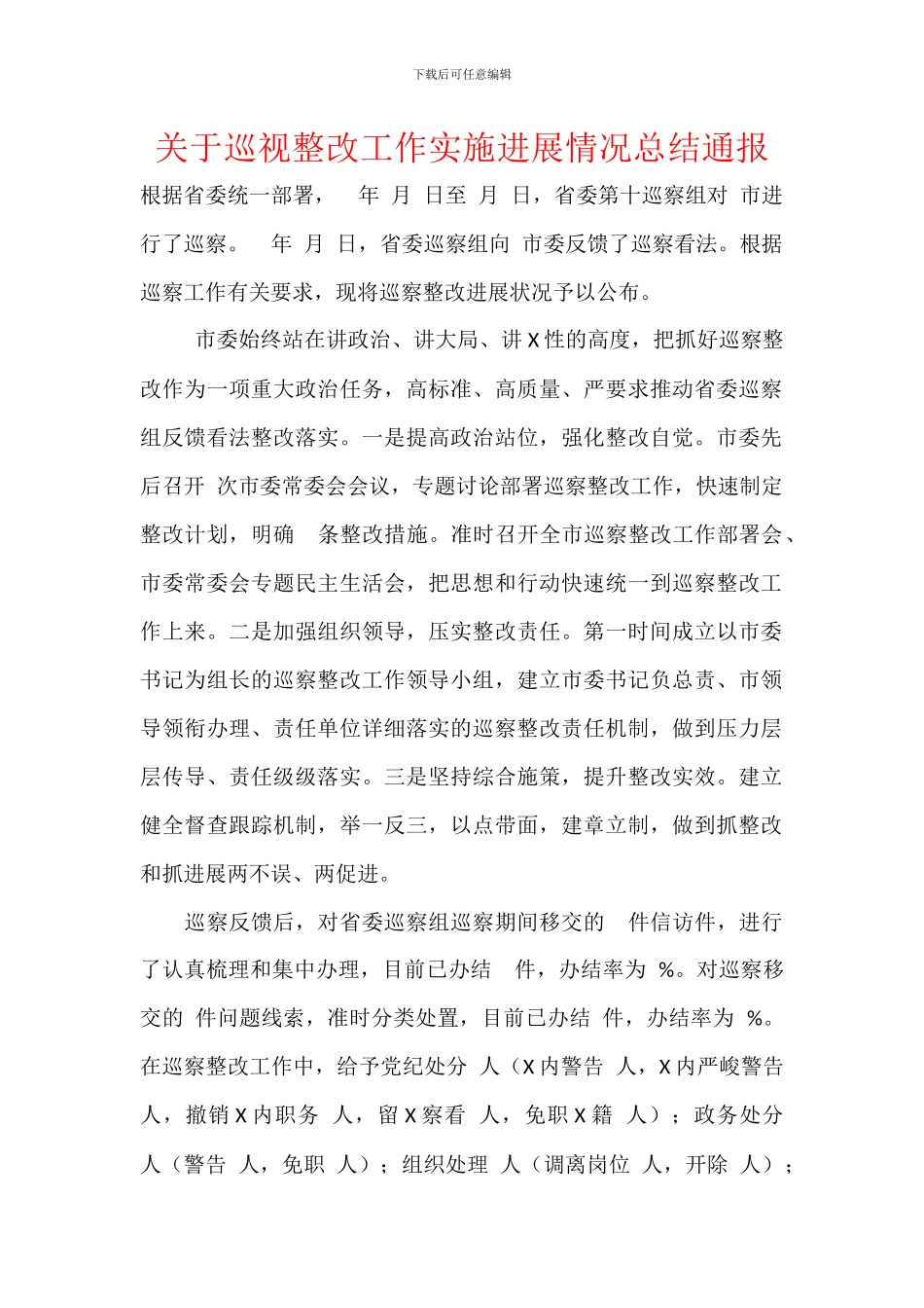 关于巡视整改工作实施进展情况总结通报_第1页