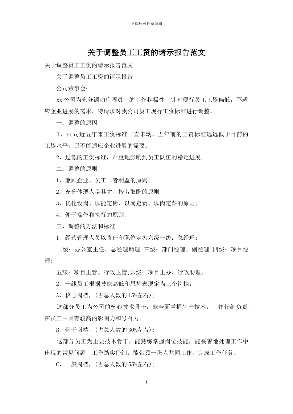 关于调整员工工资的请示报告范文_第1页