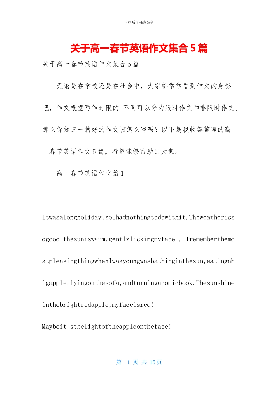 关于高一春节英语作文集合5篇_第1页