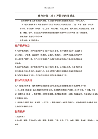 典当行抵押物标的及折价率