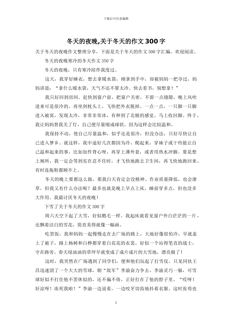 冬天的夜晚-关于冬天的作文300字_第1页