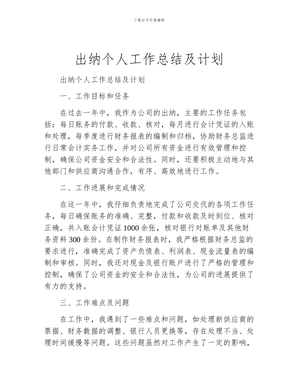 出纳个人工作总结及计划_第1页