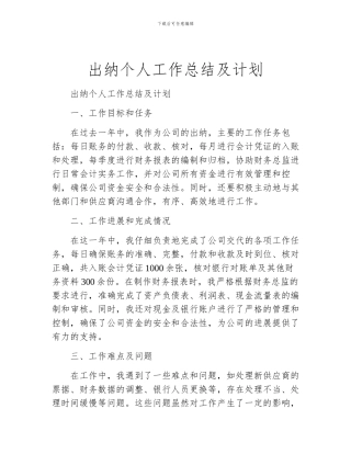 出纳个人工作总结及计划