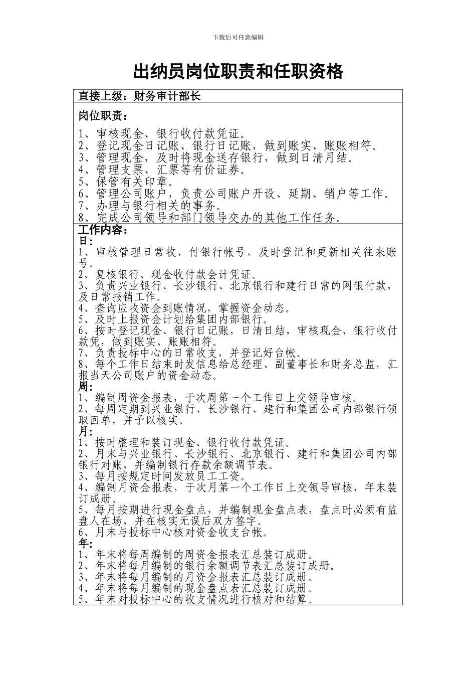 出纳员岗位职责和任职资格_第1页