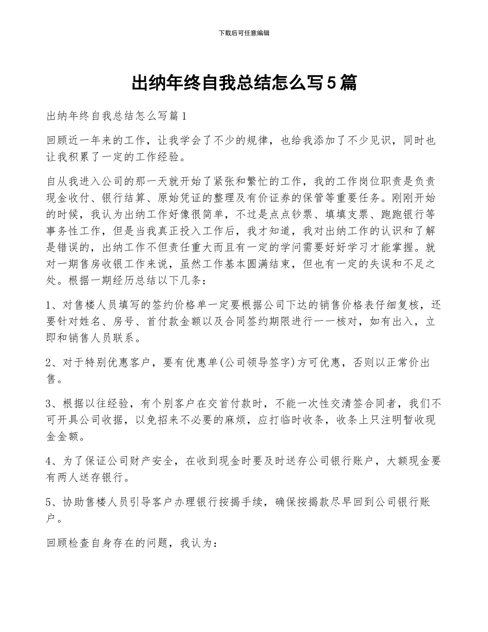 出纳年终自我总结怎么写5篇_第1页