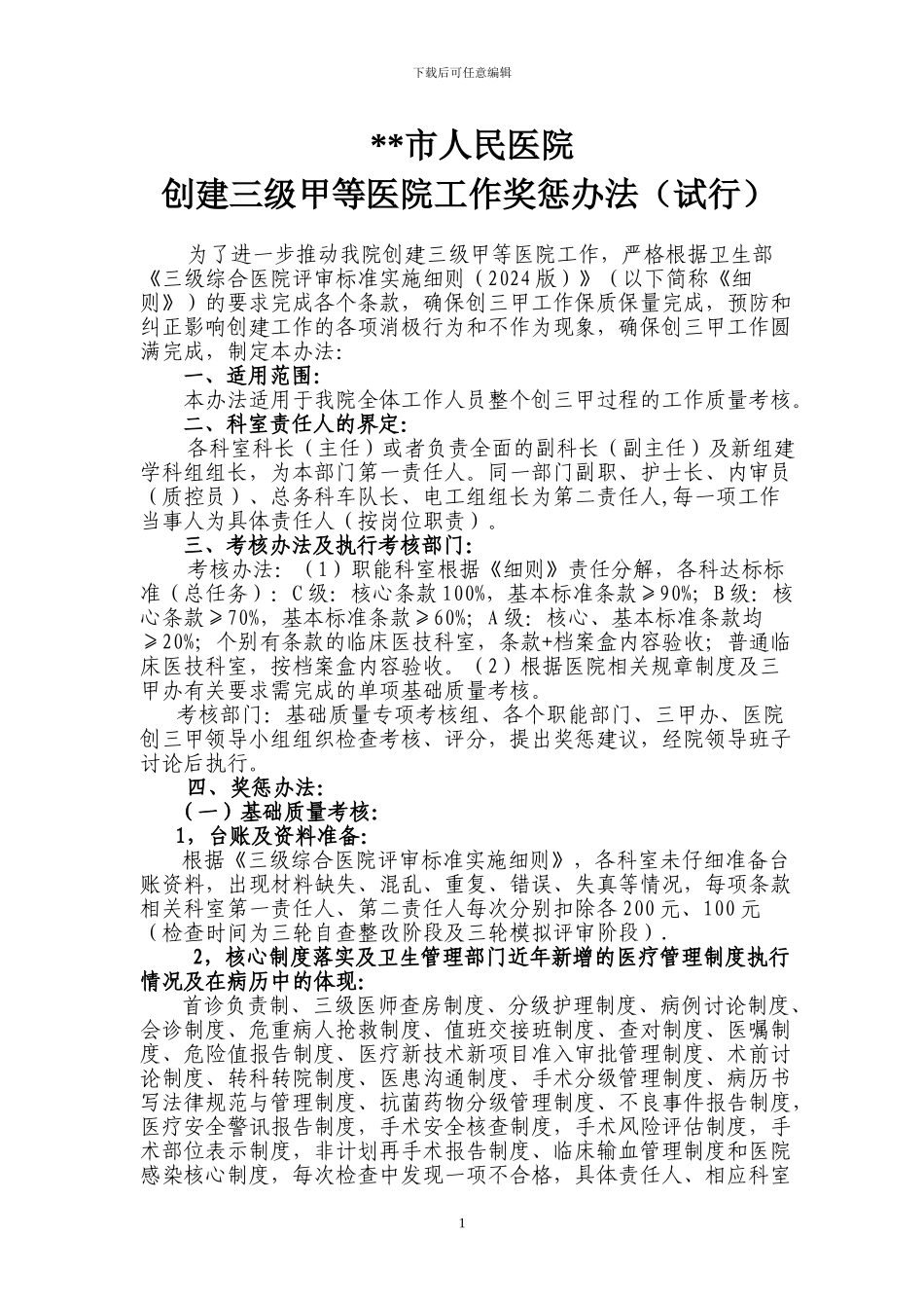 创三甲医院工作奖惩管理办法-修改好_第1页