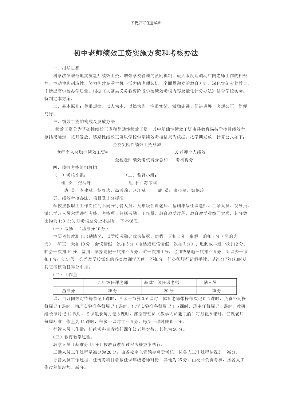 初中教师绩效工资实施方案和考核办法_第1页