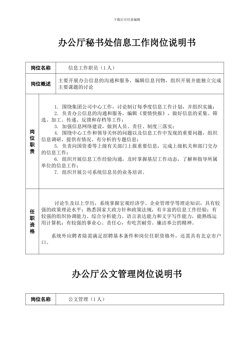 办公厅秘书处政研工作岗位说明书_第2页