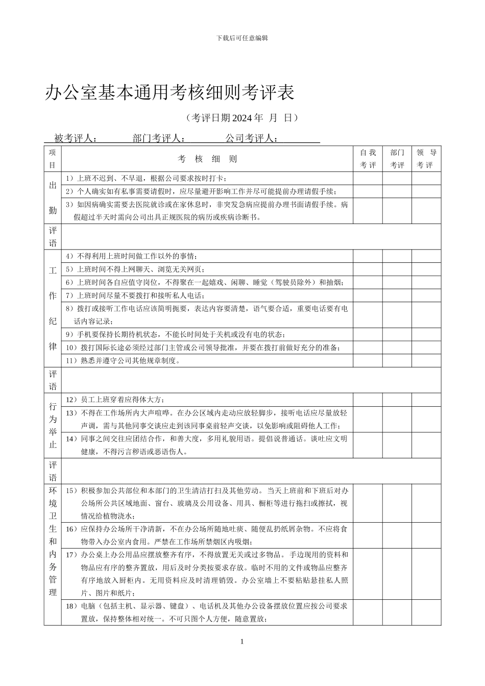 办公室人员基本通用考核细则_第1页
