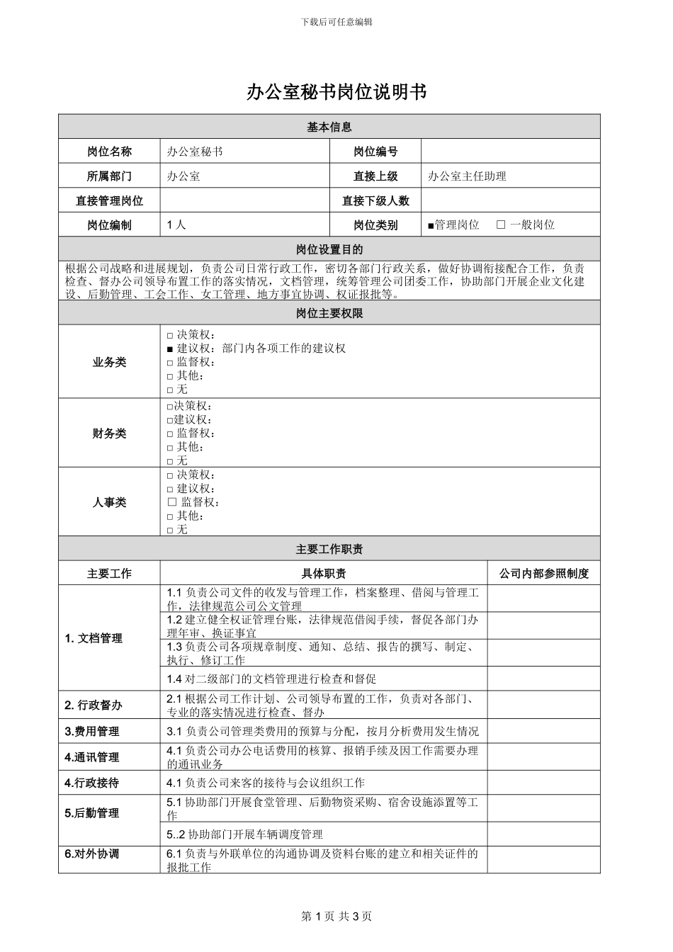 办公室秘书岗位说明书_第1页