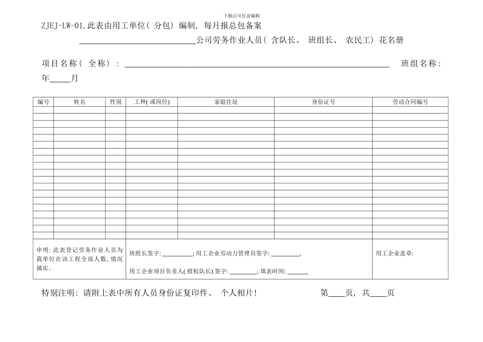 劳务实名制管理标准化表格样本_第1页