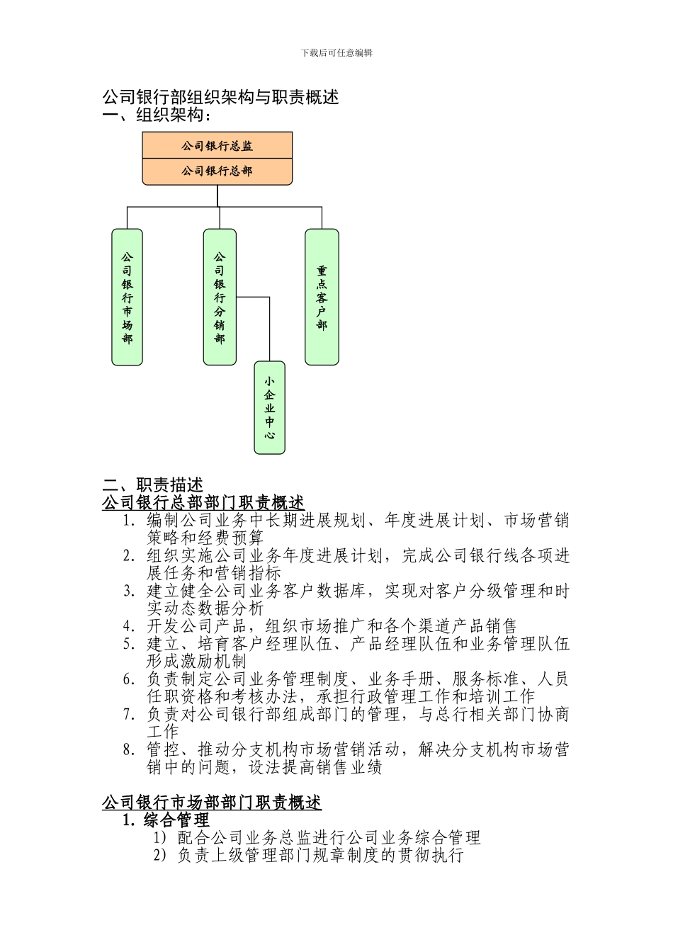 北京银行总行公司银行部组织架构与职责概述_第1页