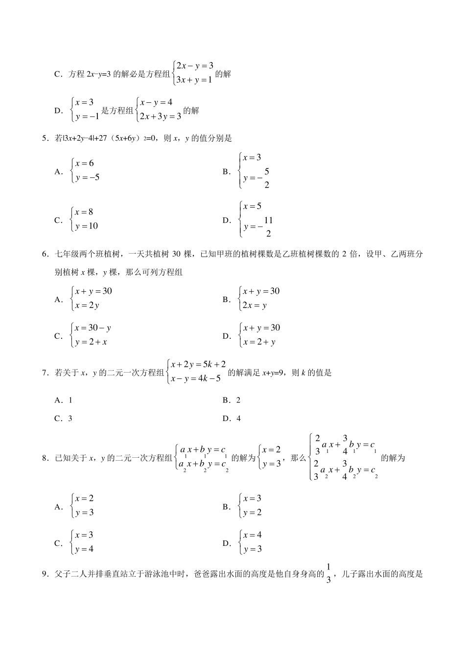 二元一次方程组单元测试_第2页