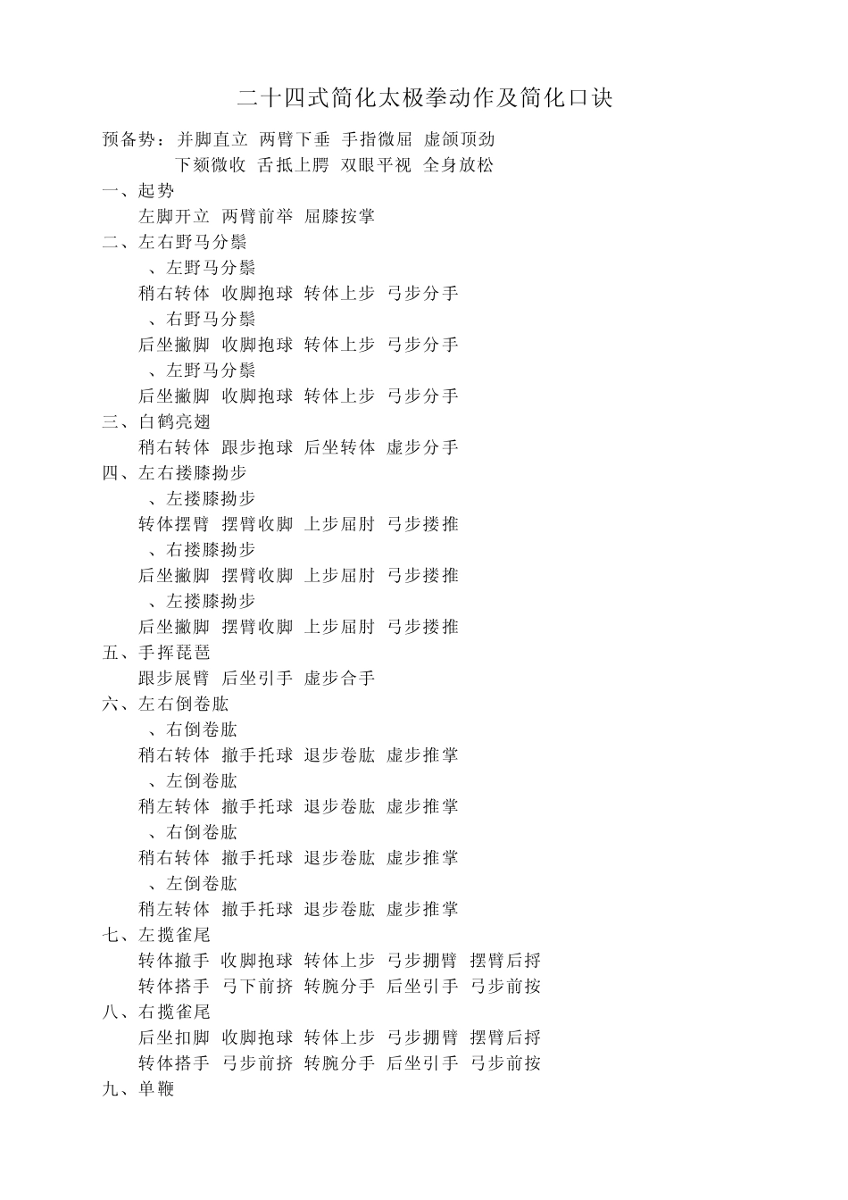 二十四式简化太极拳动作及简化口诀_第1页
