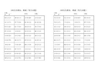 二年级100以内乘加、乘减混合口算题