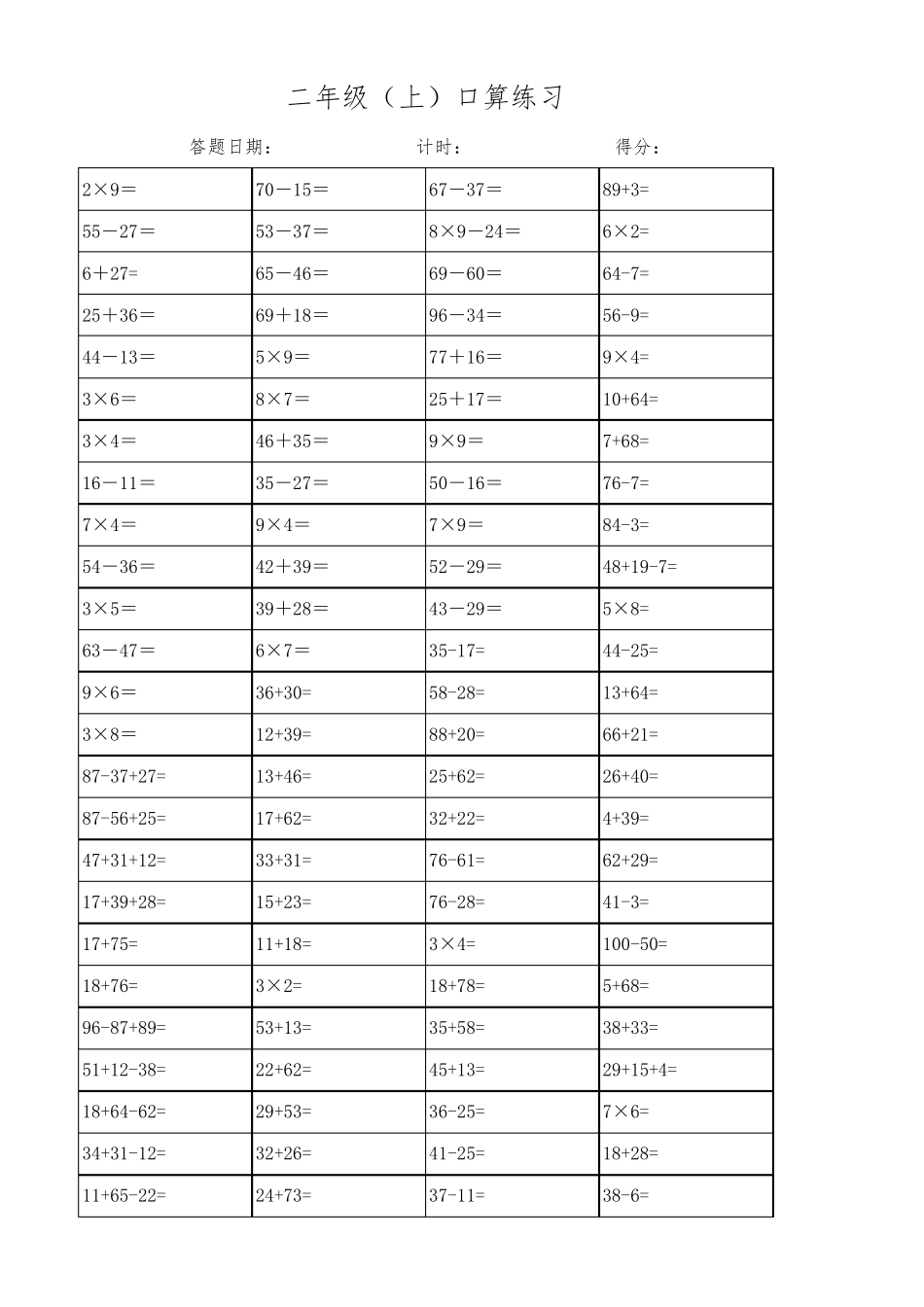 二年级上册口算题40套(每天100题)_第3页