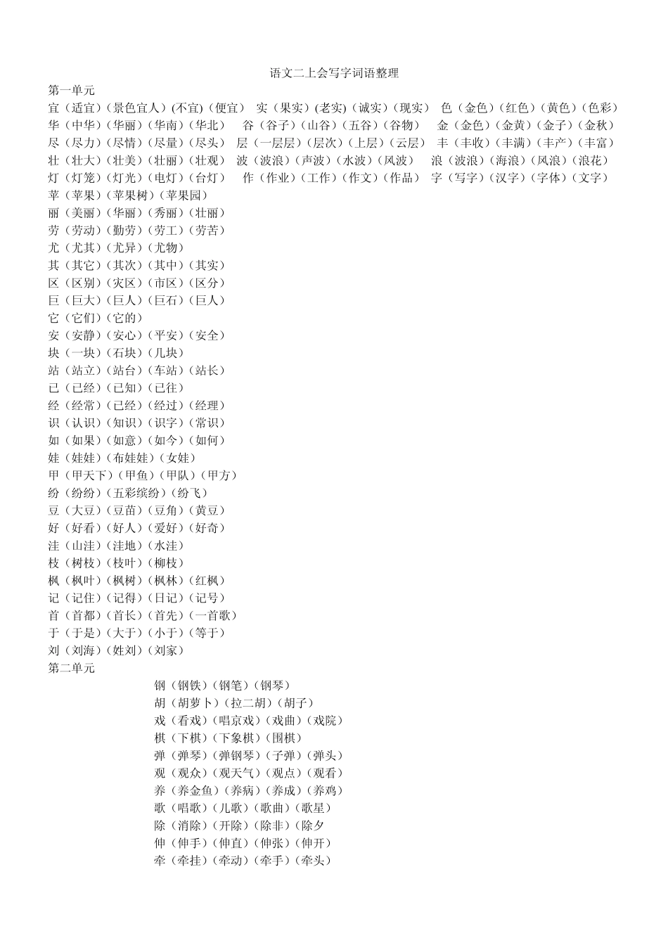 二年级上册语文会写字词要求听写_第1页