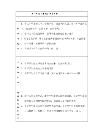 二年级上册语文单元学习目标