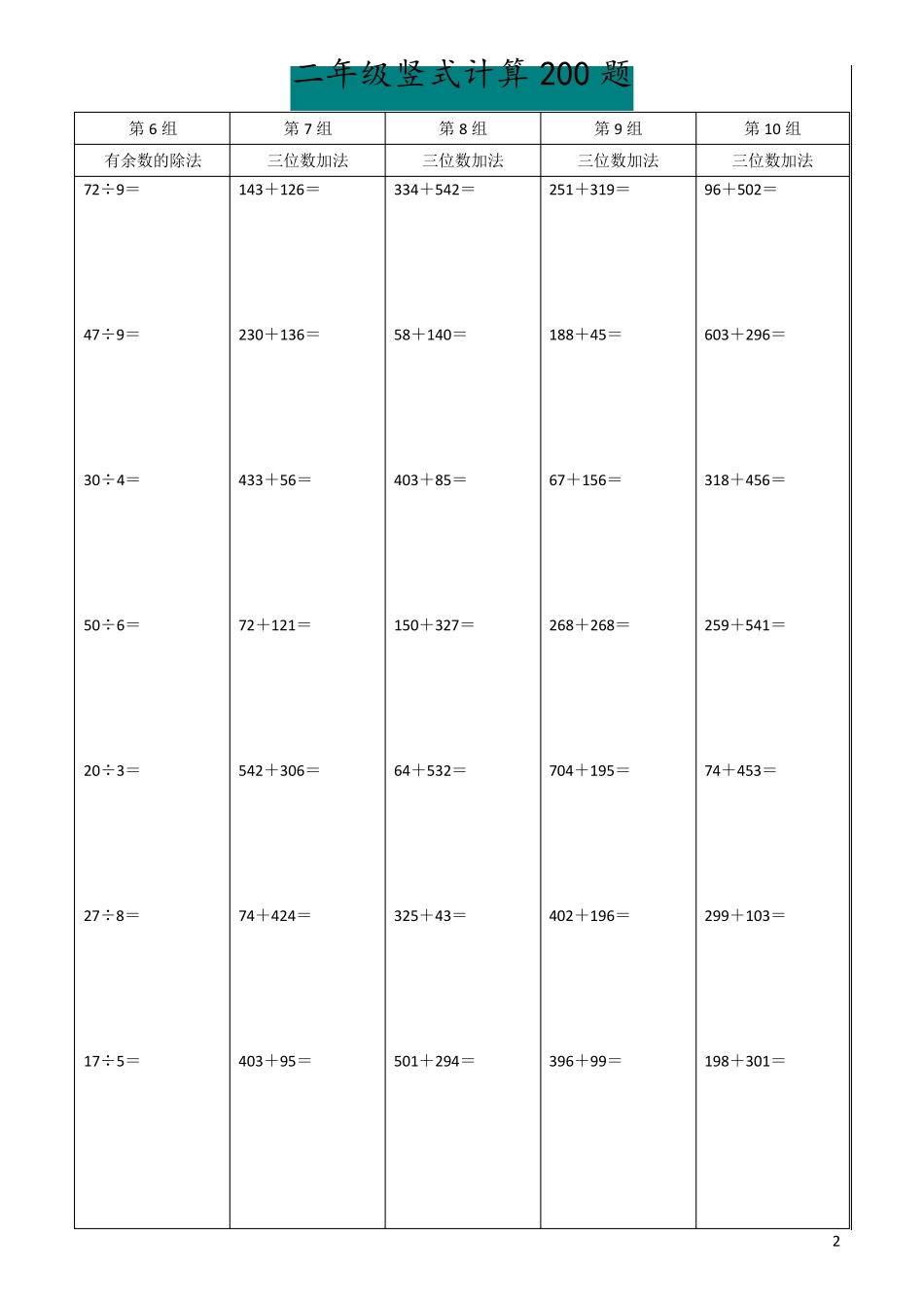 二年级数学下册竖式计算题200道(精确排版)_第2页