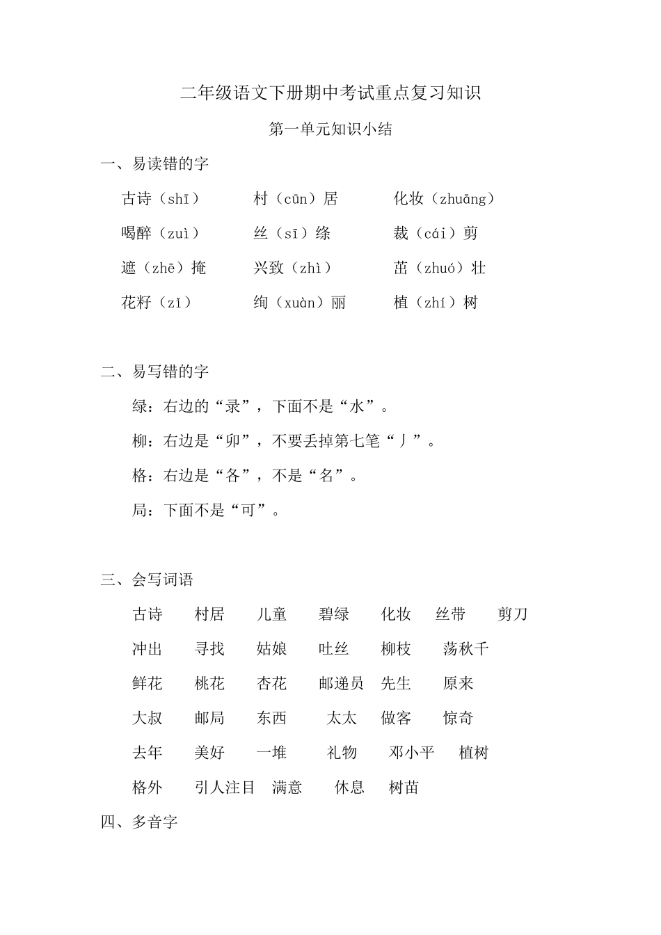 二年级语文下册期中考试重点复习知识_第1页