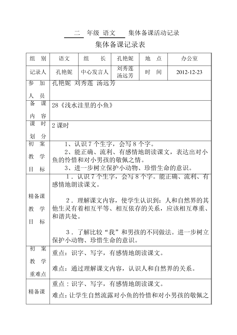 二年级语文集体备课活动记录_第1页