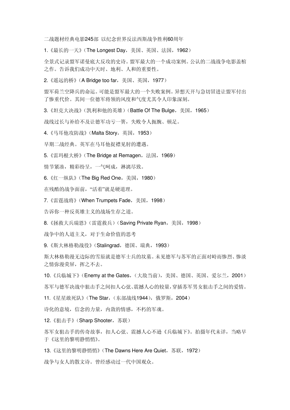 二战题材经典电影245部以纪念世界反法西斯战争胜利60周年_第1页
