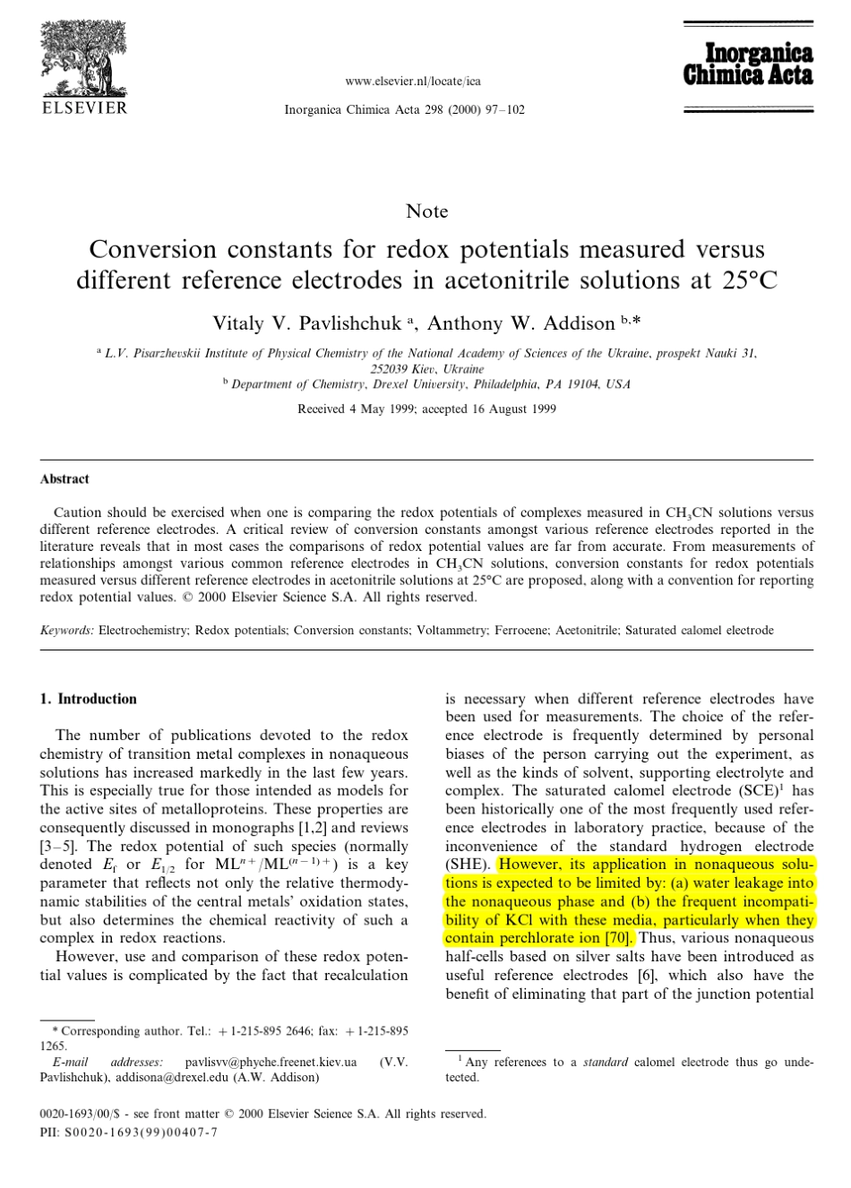 二茂铁在非水溶液中的电位_第1页