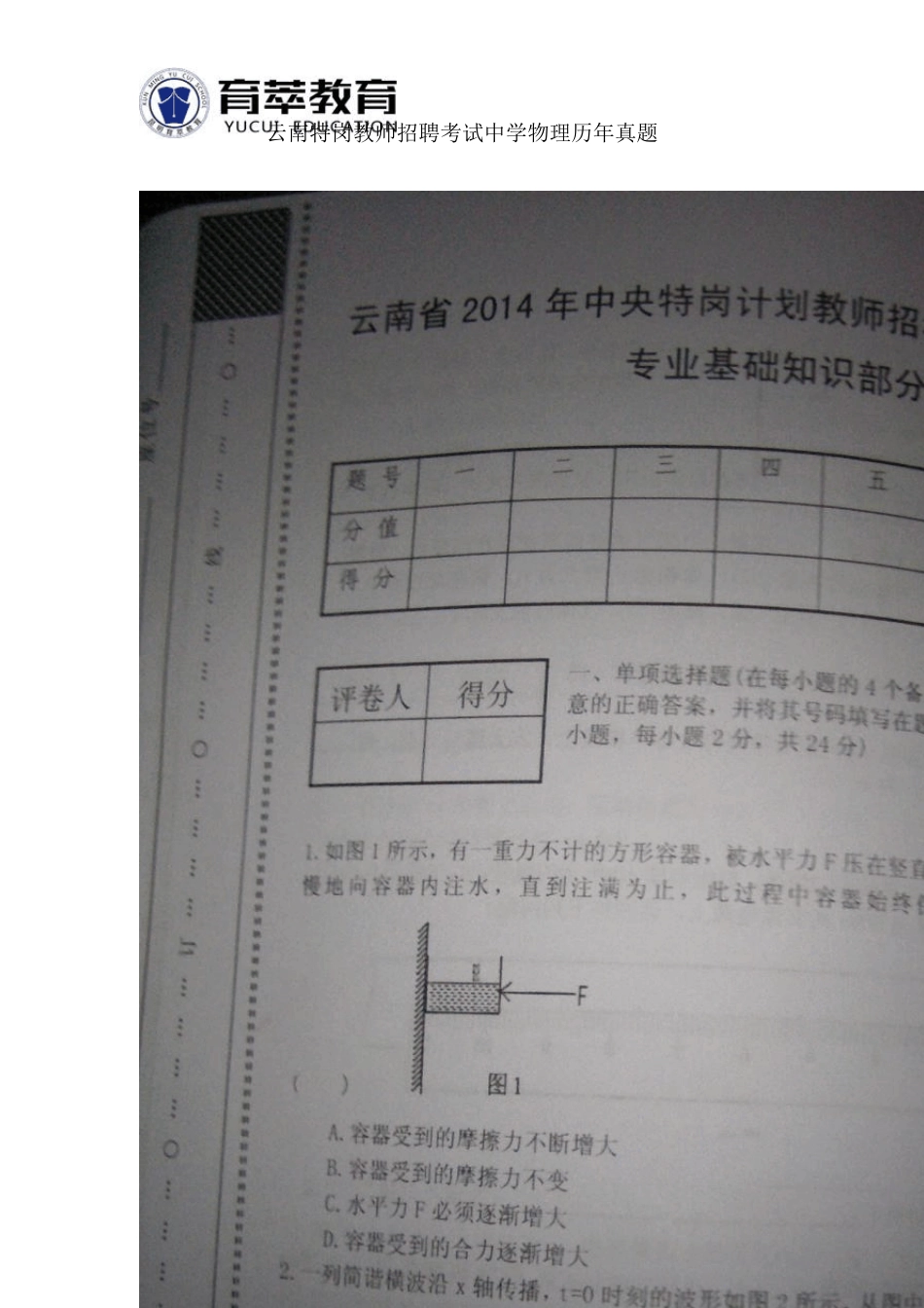 云南特岗教师招聘考试物理历年真题_第1页