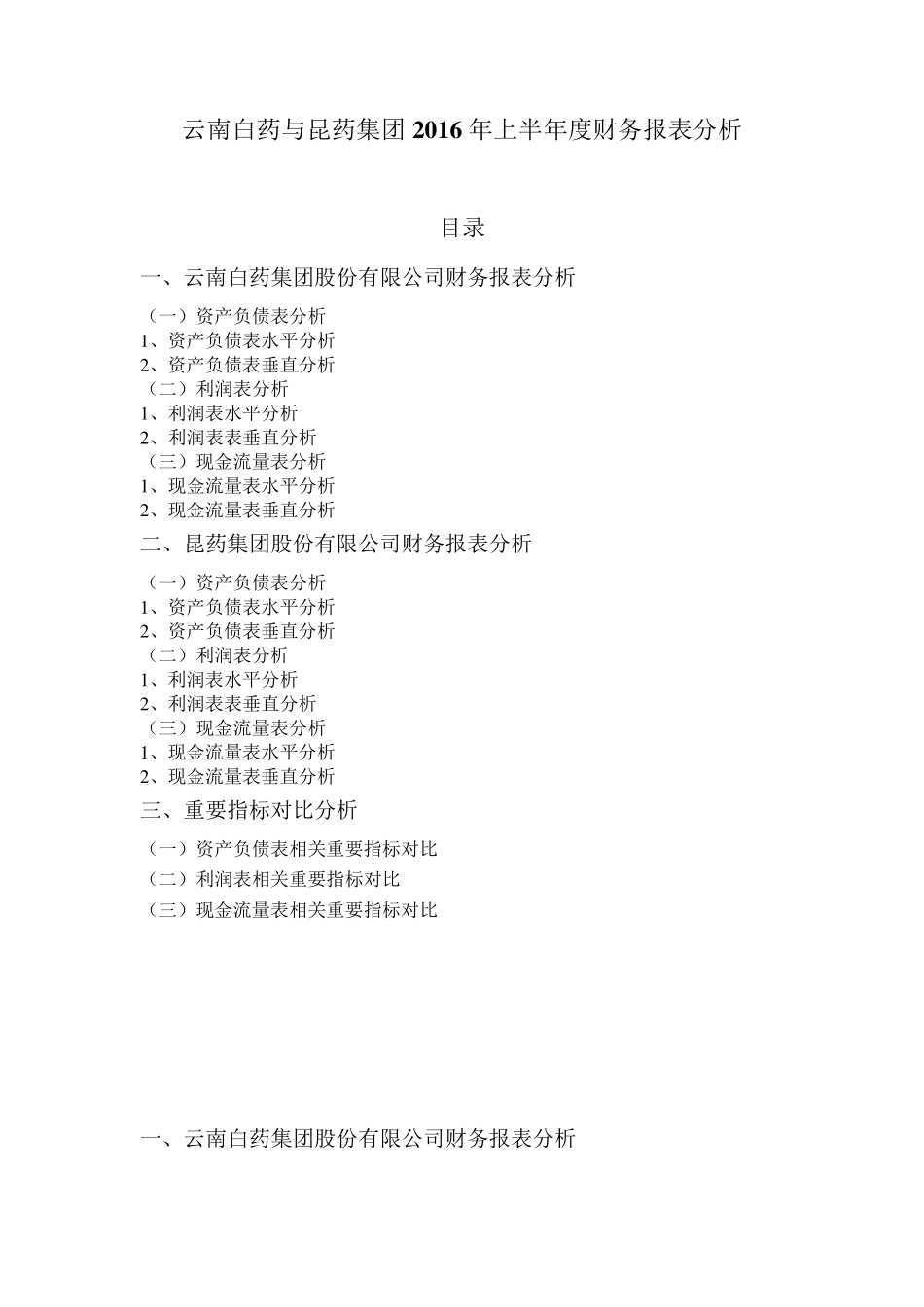 云南白药与昆药集团2016年上半年度财务报表分析_第1页