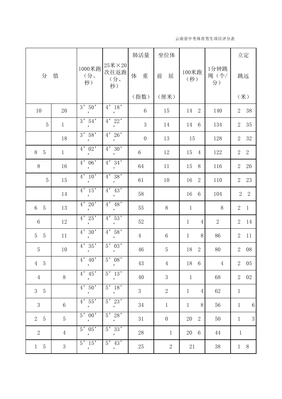 云南省中考体育项目评分表_第1页